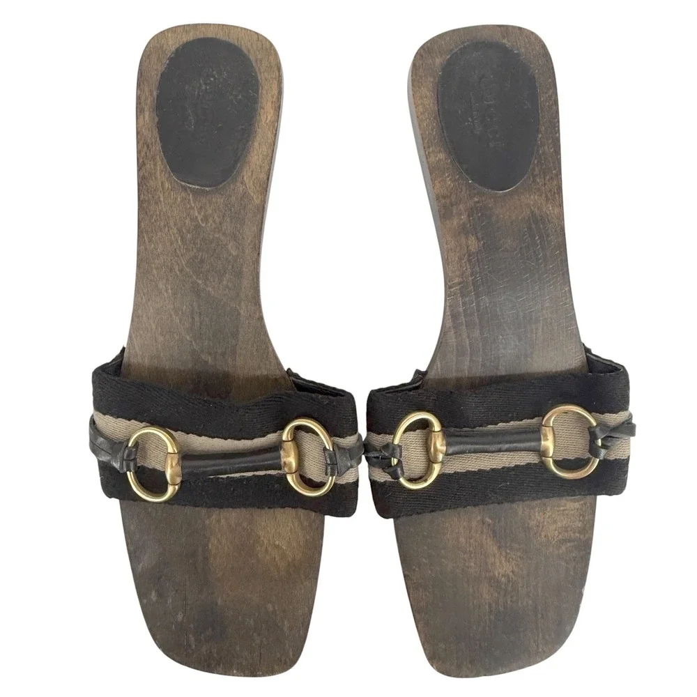 Gucci Vintage Horse-bit Wooden Slide Sandals Black Striped Canvas 8.5 Italy